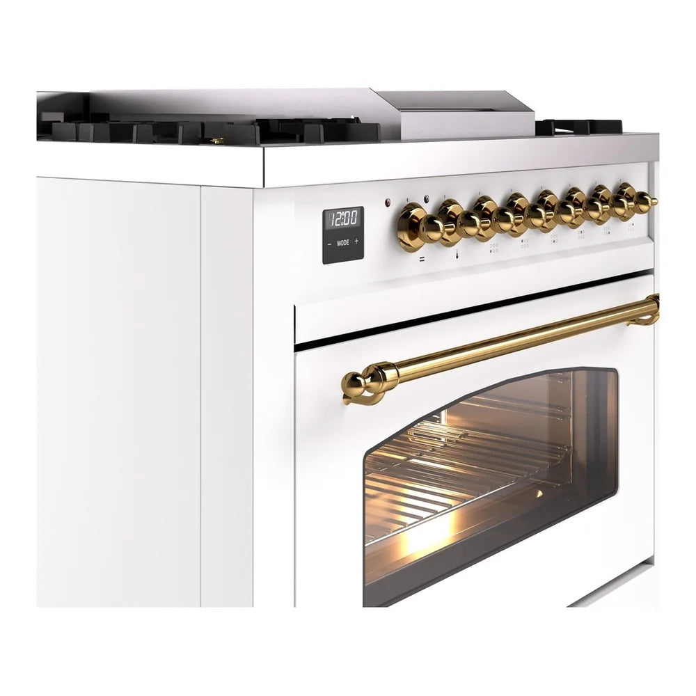 ILVE Nostalgie II 36" Dual Fuel Freestanding Range in White with Brass Trim, UP36FNMPWHG