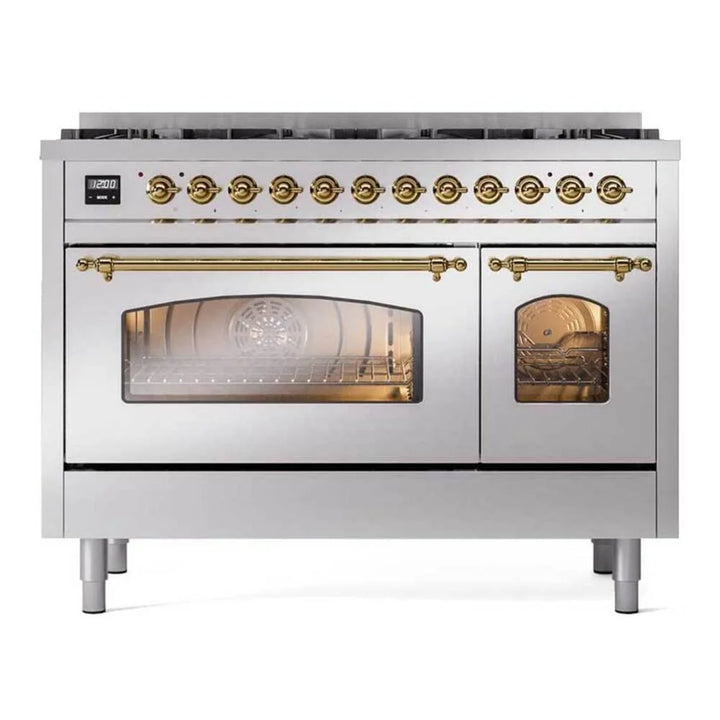 ILVE Nostalgie II 48" Dual Fuel Freestanding Range in Stainless Steel with Brass Trim, UP488NMPSSG