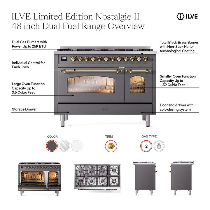 ILVE Nostalgie II 48" Dual Fuel Freestanding Range in Stainless Steel with Brass Trim, UP488NMPSSG