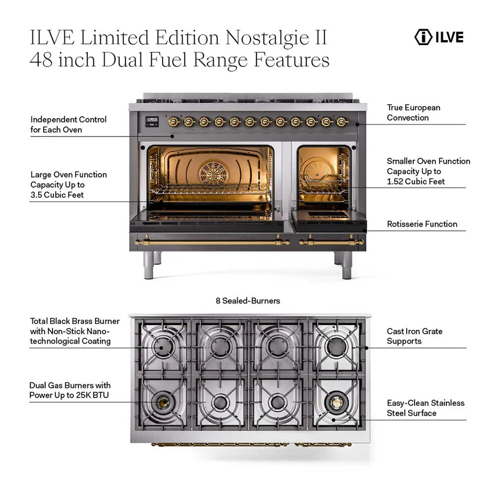 ILVE Nostalgie II 48" Dual Fuel Freestanding Range in Stainless Steel with Brass Trim, UP488NMPSSG