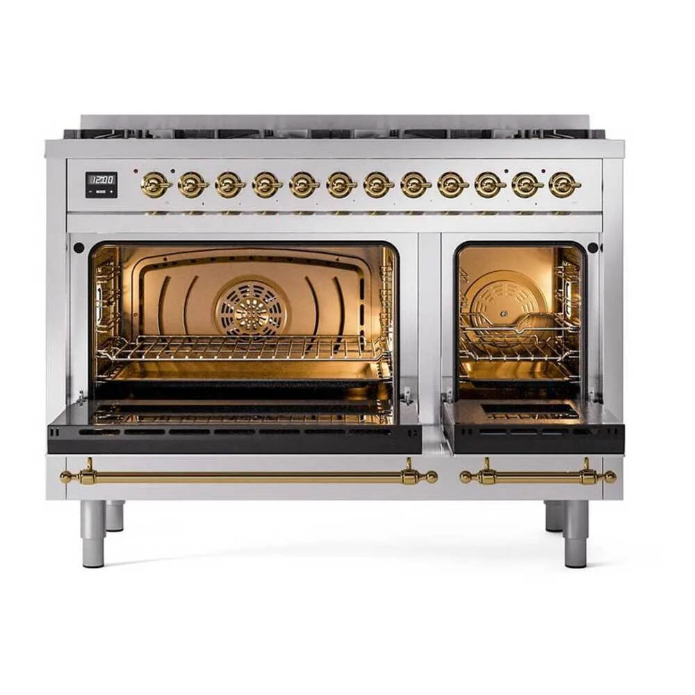 ILVE Nostalgie II 48" Dual Fuel Freestanding Range in Stainless Steel with Brass Trim, UP488NMPSSG