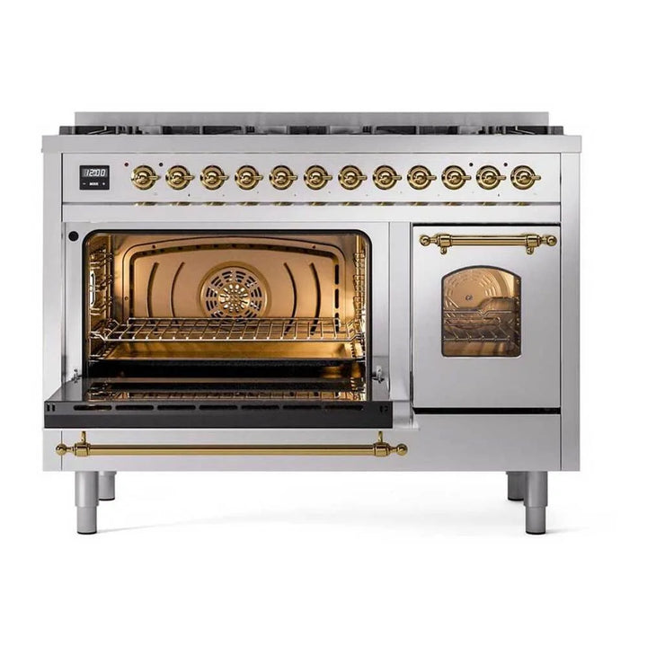 ILVE Nostalgie II 48" Dual Fuel Freestanding Range in Stainless Steel with Brass Trim, UP488NMPSSG