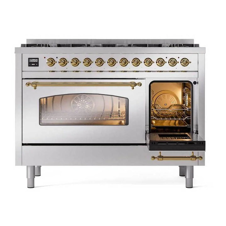 ILVE Nostalgie II 48" Dual Fuel Freestanding Range in Stainless Steel with Brass Trim, UP488NMPSSG
