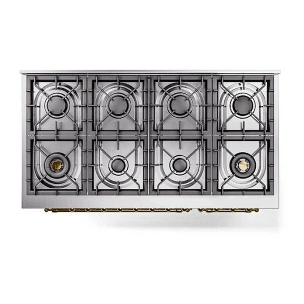 ILVE Nostalgie II 48" Dual Fuel Freestanding Range in Stainless Steel with Brass Trim, UP488NMPSSG