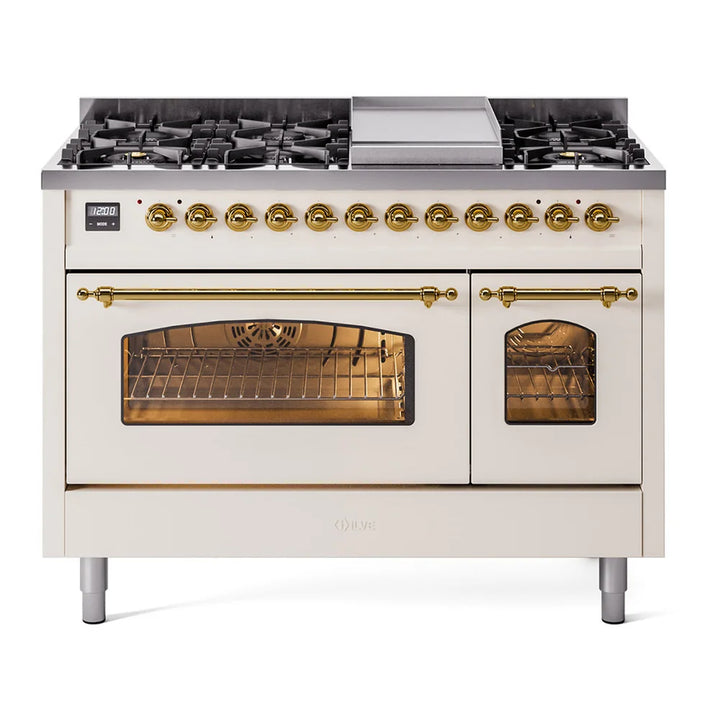 ILVE Nostalgie II 48" Dual Fuel Freestanding Range in Antique White with Brass Trim, UP48FNMPAWG