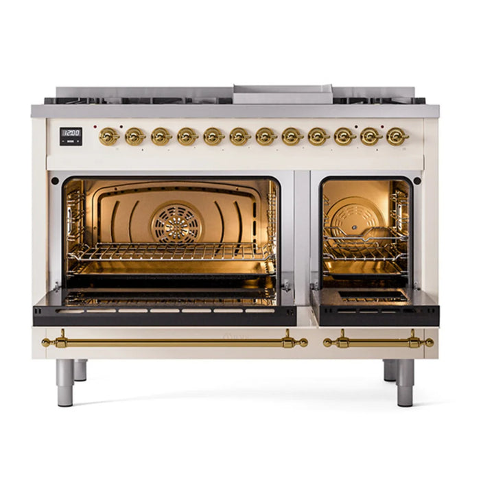 ILVE Nostalgie II 48" Dual Fuel Freestanding Range in Antique White with Brass Trim, UP48FNMPAWG