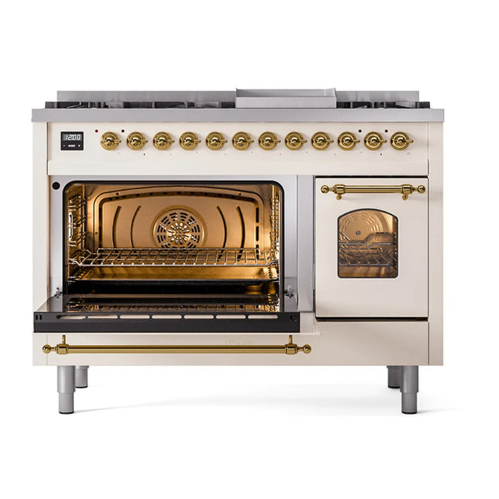 ILVE Nostalgie II 48" Dual Fuel Freestanding Range in Antique White with Brass Trim, UP48FNMPAWG