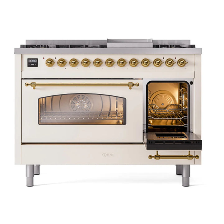 ILVE Nostalgie II 48" Dual Fuel Freestanding Range in Antique White with Brass Trim, UP48FNMPAWG
