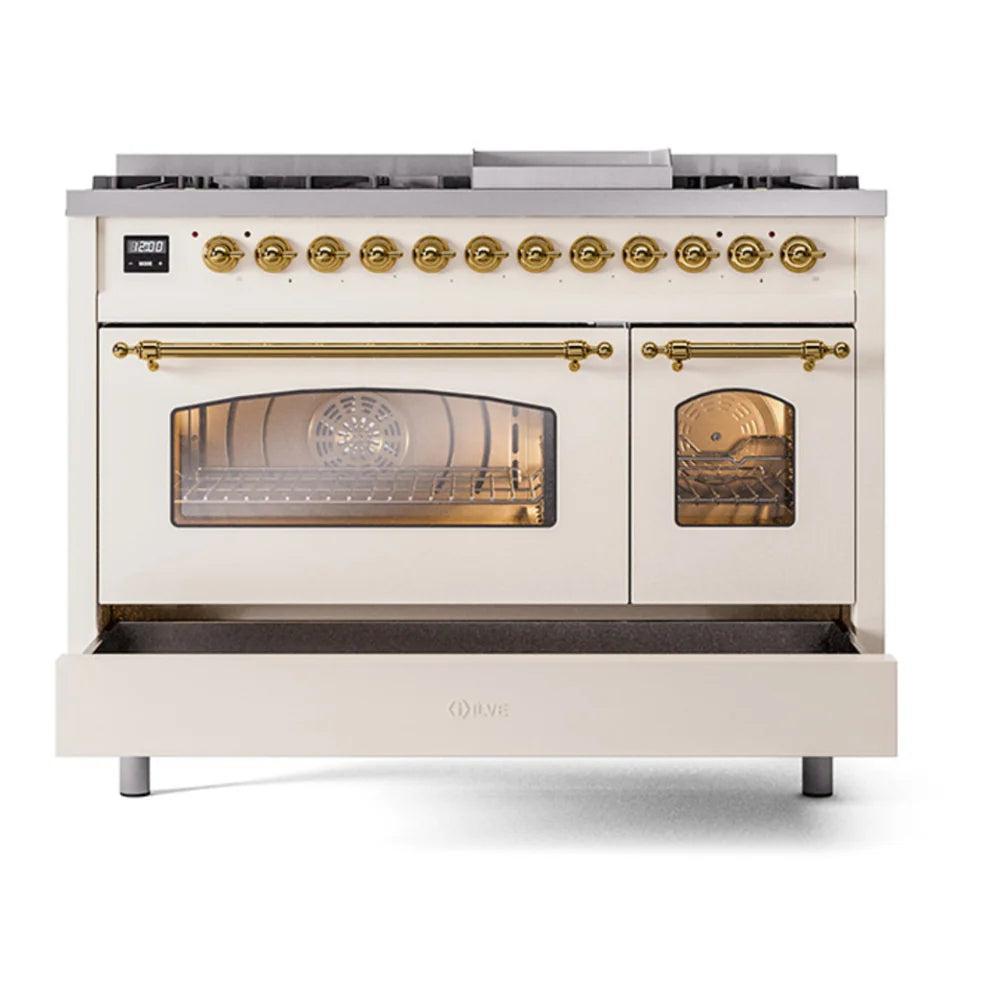 ILVE Nostalgie II 48" Dual Fuel Freestanding Range in Antique White with Brass Trim, UP48FNMPAWG