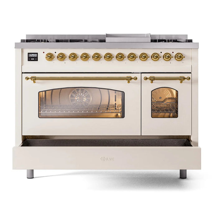 ILVE Nostalgie II 48" Dual Fuel Freestanding Range in Antique White with Brass Trim, UP48FNMPAWG