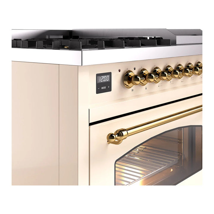 ILVE Nostalgie II 48" Dual Fuel Freestanding Range in Antique White with Brass Trim, UP48FNMPAWG