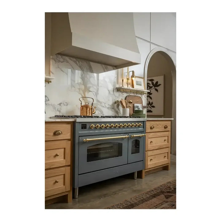ILVE Nostalgie II 48" Dual Fuel Freestanding Range in Blue Grey with Brass Trim, UP48FNMPBGGLP