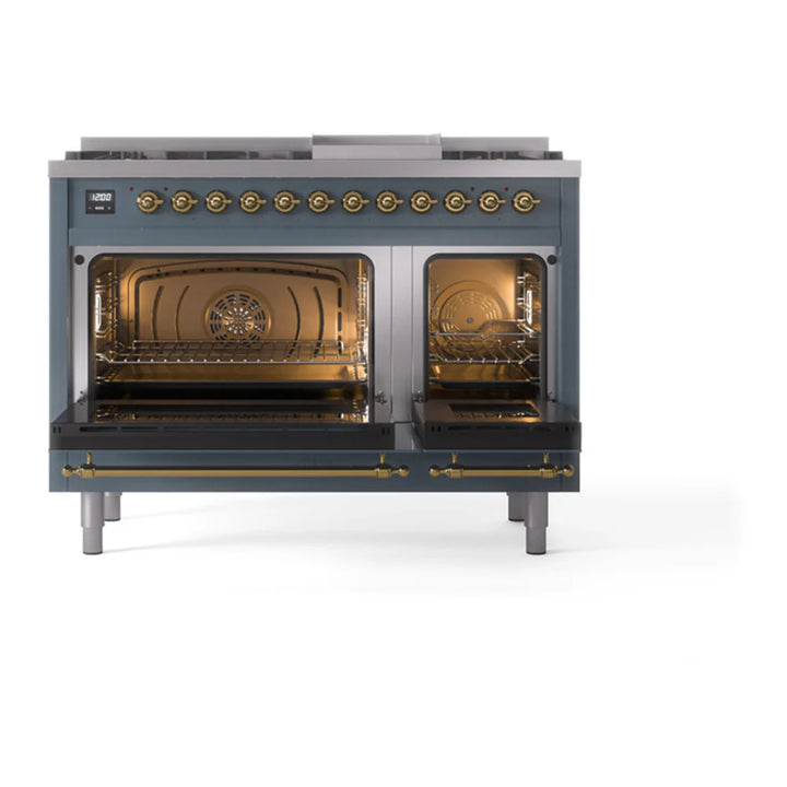 ILVE Nostalgie II 48" Dual Fuel Freestanding Range in Blue Grey with Brass Trim, UP48FNMPBGGLP