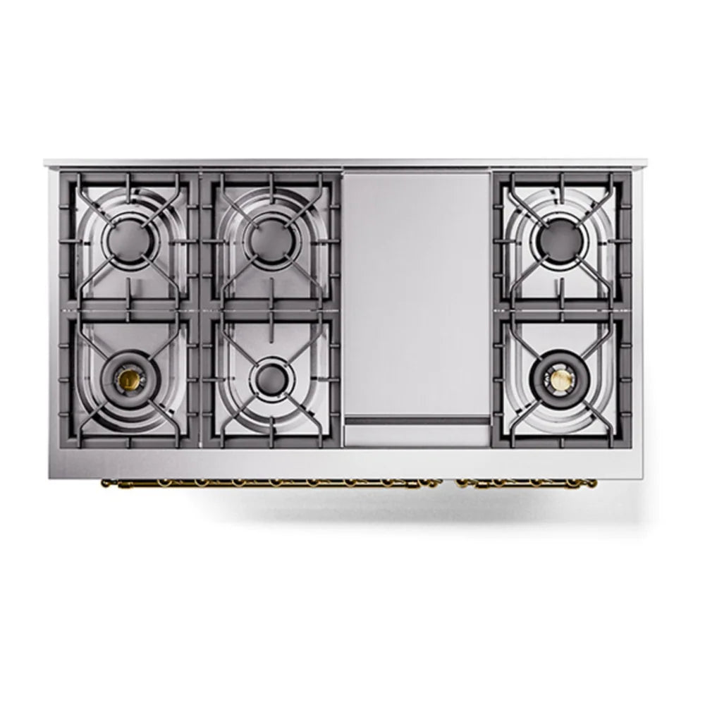 ILVE Nostalgie II 48" Dual Fuel Freestanding Range in Blue Grey with Brass Trim, UP48FNMPBGGLP