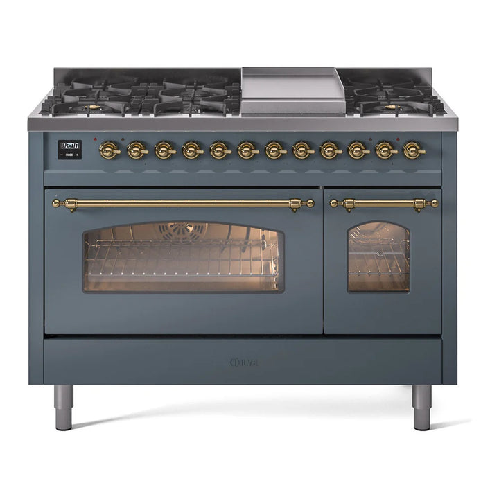 ILVE Nostalgie II 48" Dual Fuel Freestanding Range in Blue Grey with Brass Trim, UP48FNMPBGG