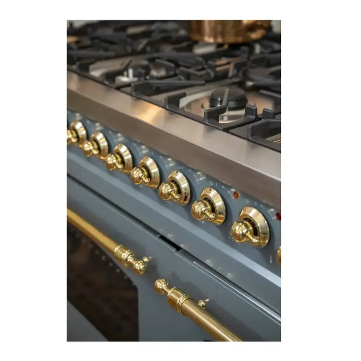 ILVE Nostalgie II 48" Dual Fuel Freestanding Range in Blue Grey with Brass Trim, UP48FNMPBGG