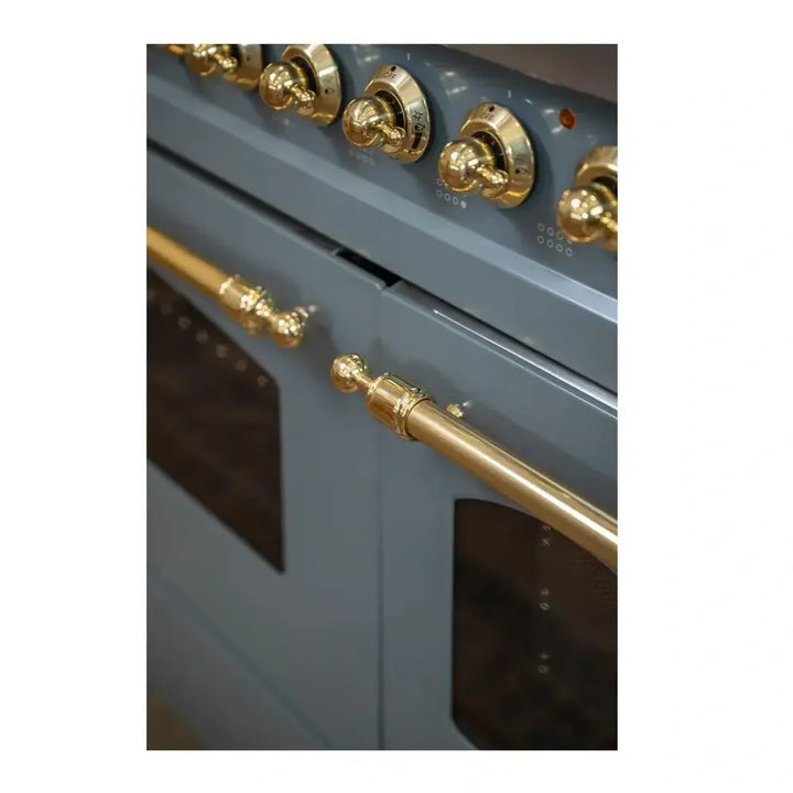 ILVE Nostalgie II 48 Inch UP48FNMPBGG Freestanding Dual Fuel Range with 8 Sealed Burners, Griddle, in Blue Grey with Brass Trim