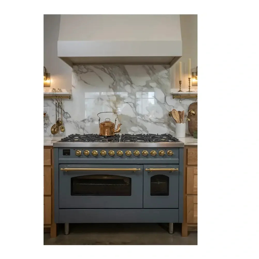 ILVE Nostalgie II 48 Inch UP48FNMPBGG Freestanding Dual Fuel Range with 8 Sealed Burners, Griddle, in Blue Grey with Brass Trim
