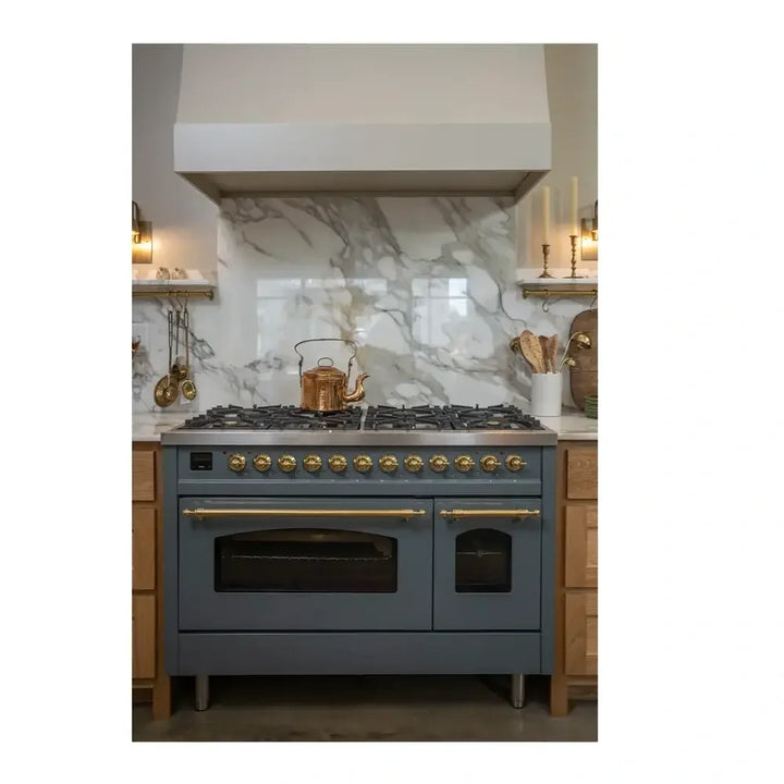 ILVE Nostalgie II 48 Inch UP48FNMPBGG Freestanding Dual Fuel Range with 8 Sealed Burners, Griddle, in Blue Grey with Brass Trim