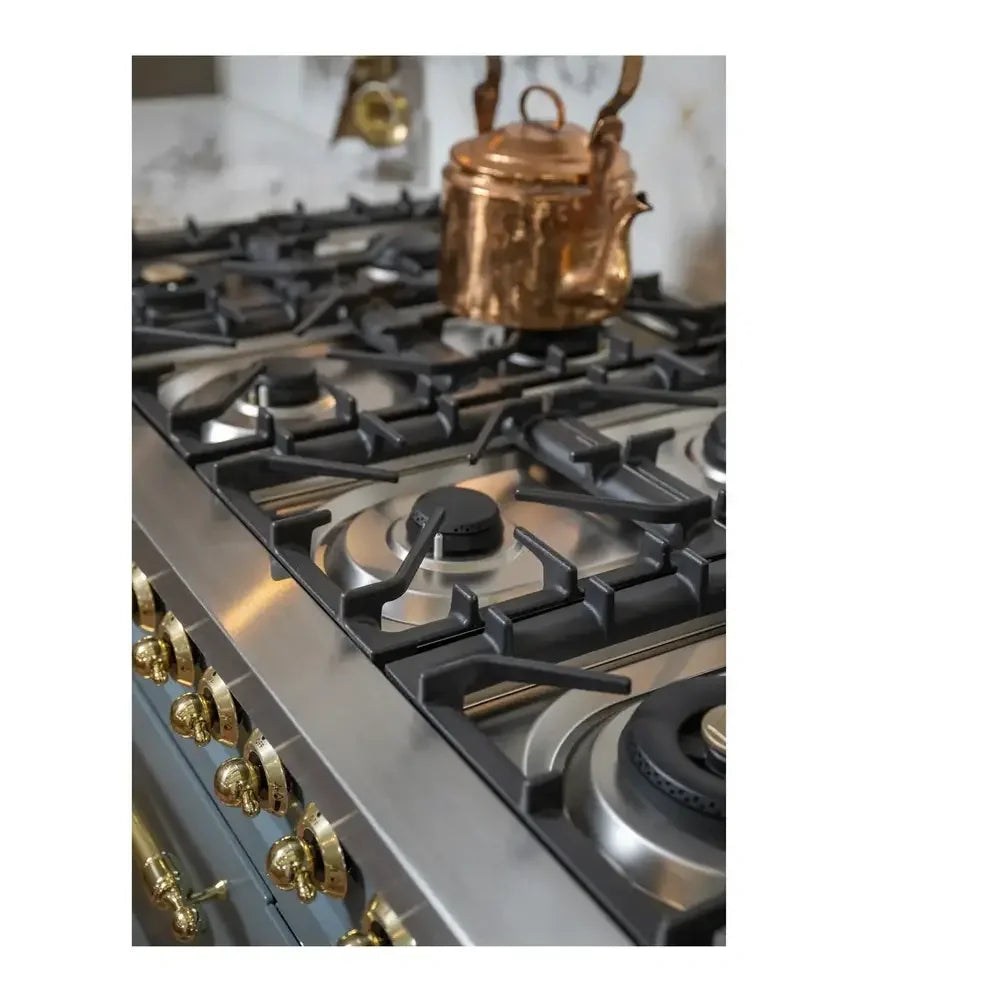 ILVE Nostalgie II 48 Inch UP48FNMPBGG Freestanding Dual Fuel Range with 8 Sealed Burners, Griddle, in Blue Grey with Brass Trim
