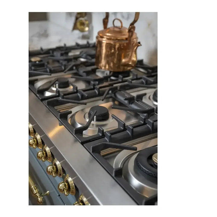 ILVE Nostalgie II 48" Dual Fuel Freestanding Range in Blue Grey with Brass Trim, UP48FNMPBGG