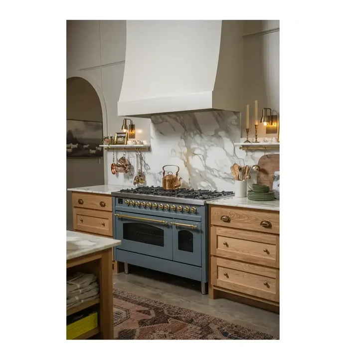 ILVE Nostalgie II 48 Inch UP48FNMPBGG Freestanding Dual Fuel Range with 8 Sealed Burners, Griddle, in Blue Grey with Brass Trim