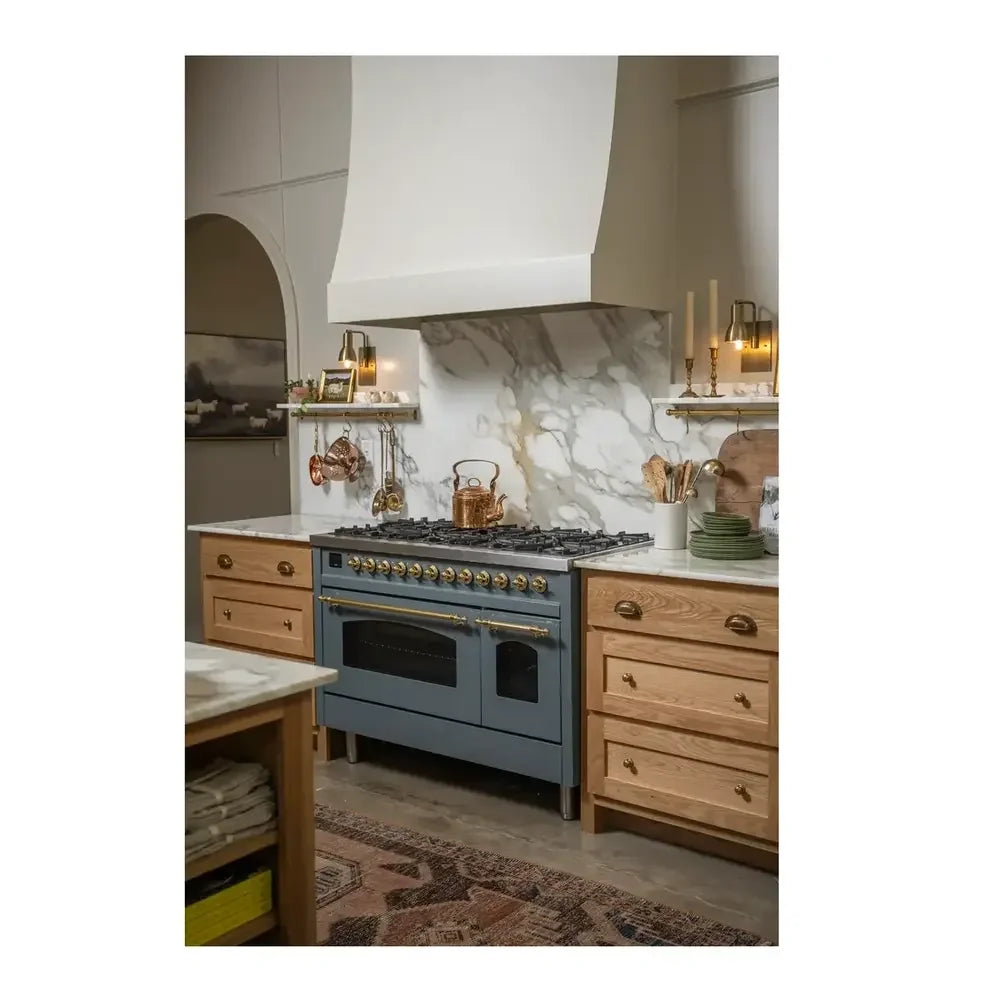 ILVE Nostalgie II 48" Dual Fuel Freestanding Range in Blue Grey with Brass Trim, UP48FNMPBGG