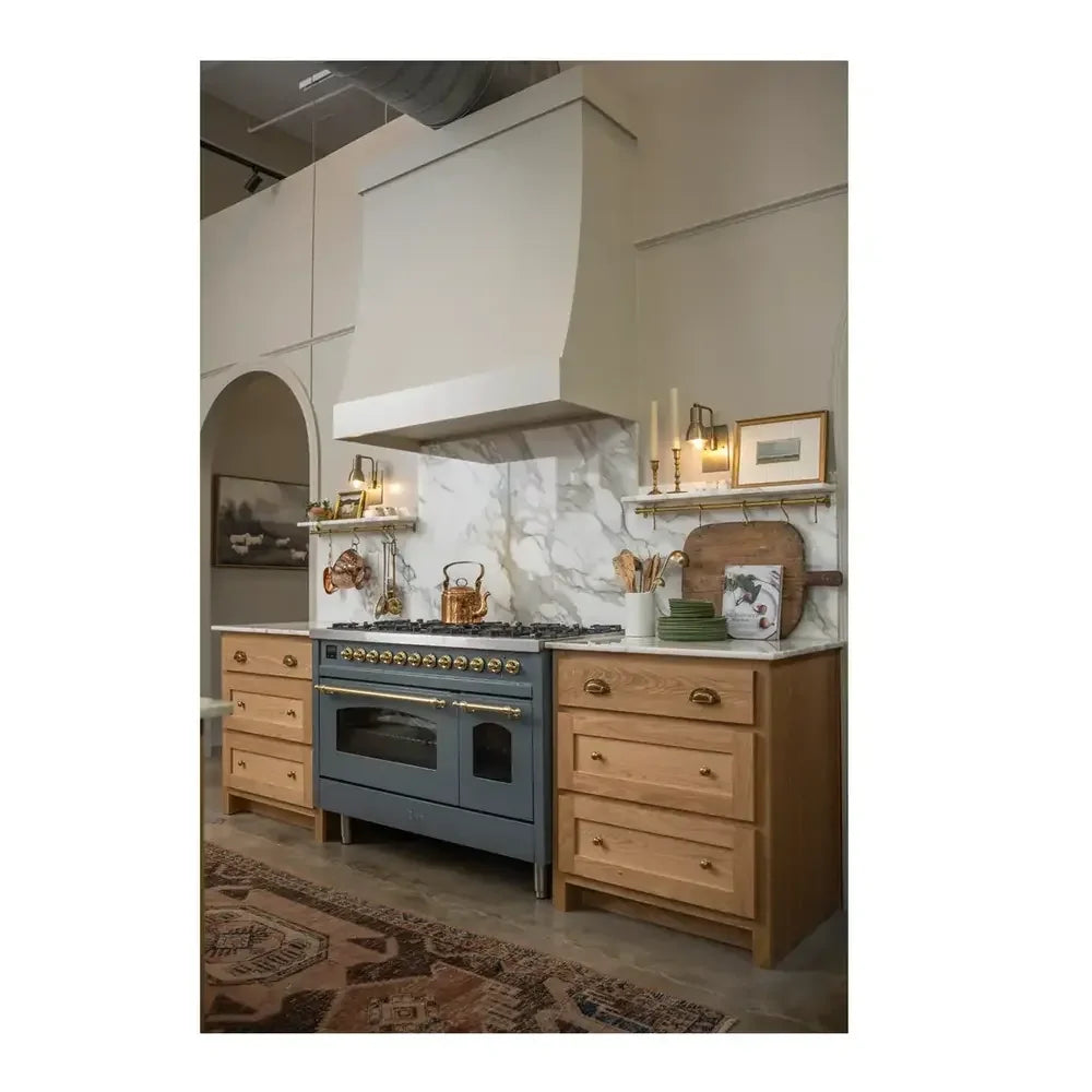ILVE Nostalgie II 48 Inch UP48FNMPBGG Freestanding Dual Fuel Range with 8 Sealed Burners, Griddle, in Blue Grey with Brass Trim
