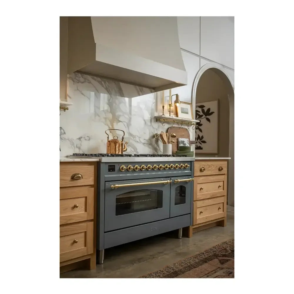 ILVE Nostalgie II 48 Inch UP48FNMPBGG Freestanding Dual Fuel Range with 8 Sealed Burners, Griddle, in Blue Grey with Brass Trim