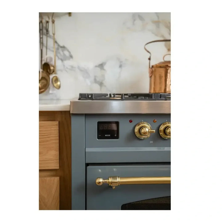 ILVE Nostalgie II 48 Inch UP48FNMPBGG Freestanding Dual Fuel Range with 8 Sealed Burners, Griddle, in Blue Grey with Brass Trim