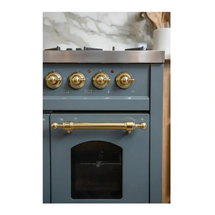 ILVE Nostalgie II 48 Inch UP48FNMPBGG Freestanding Dual Fuel Range with 8 Sealed Burners, Griddle, in Blue Grey with Brass Trim