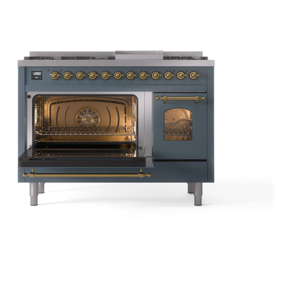 ILVE Nostalgie II 48 Inch UP48FNMPBGG Freestanding Dual Fuel Range with 8 Sealed Burners, Griddle, in Blue Grey with Brass Trim
