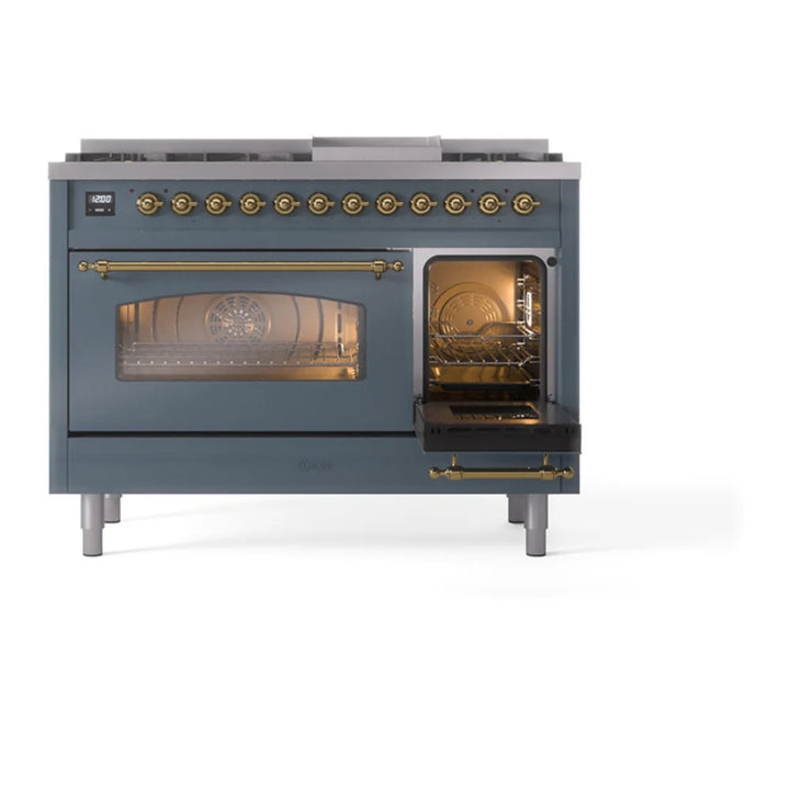 ILVE Nostalgie II 48 Inch UP48FNMPBGG Freestanding Dual Fuel Range with 8 Sealed Burners, Griddle, in Blue Grey with Brass Trim
