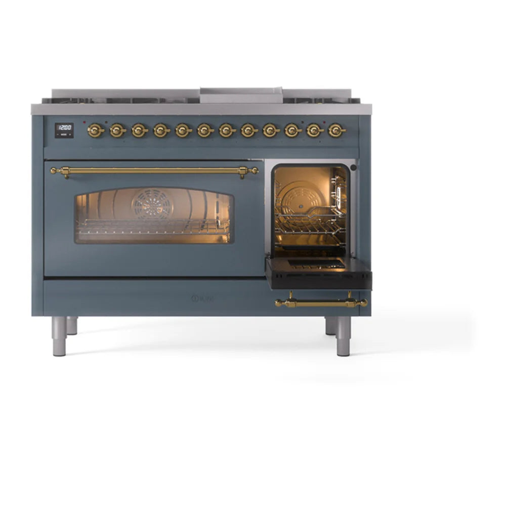 ILVE Nostalgie II 48" Dual Fuel Freestanding Range in Blue Grey with Brass Trim, UP48FNMPBGG