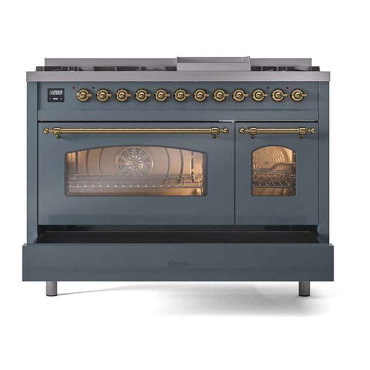 ILVE Nostalgie II 48 Inch UP48FNMPBGG Freestanding Dual Fuel Range with 8 Sealed Burners, Griddle, in Blue Grey with Brass Trim