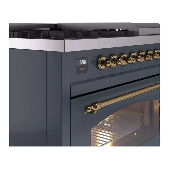 ILVE Nostalgie II 48 Inch UP48FNMPBGG Freestanding Dual Fuel Range with 8 Sealed Burners, Griddle, in Blue Grey with Brass Trim