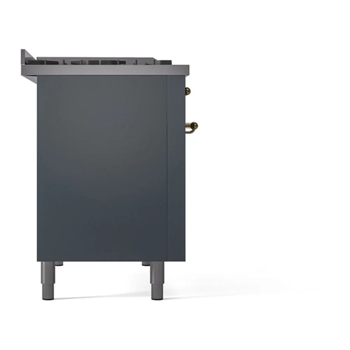 ILVE Nostalgie II 48 Inch UP48FNMPBGG Freestanding Dual Fuel Range with 8 Sealed Burners, Griddle, in Blue Grey with Brass Trim