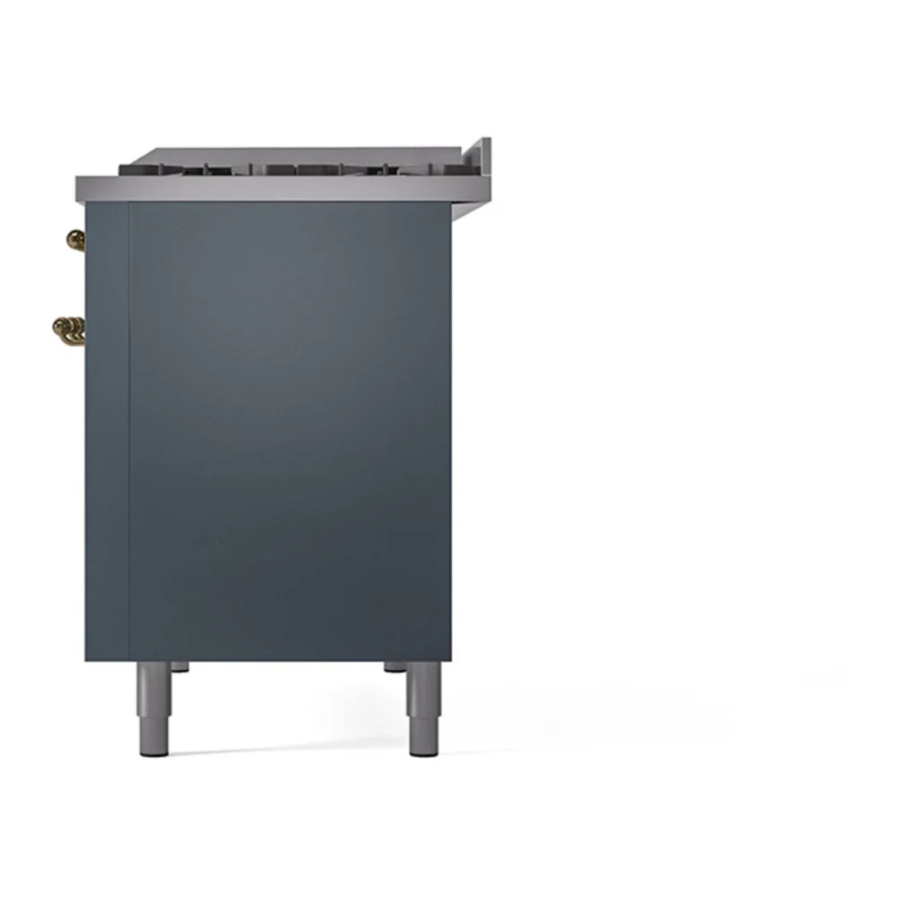 ILVE Nostalgie II 48 Inch UP48FNMPBGG Freestanding Dual Fuel Range with 8 Sealed Burners, Griddle, in Blue Grey with Brass Trim