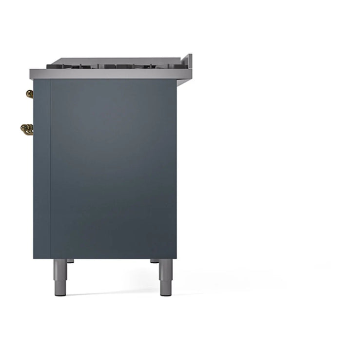 ILVE Nostalgie II 48 Inch UP48FNMPBGG Freestanding Dual Fuel Range with 8 Sealed Burners, Griddle, in Blue Grey with Brass Trim