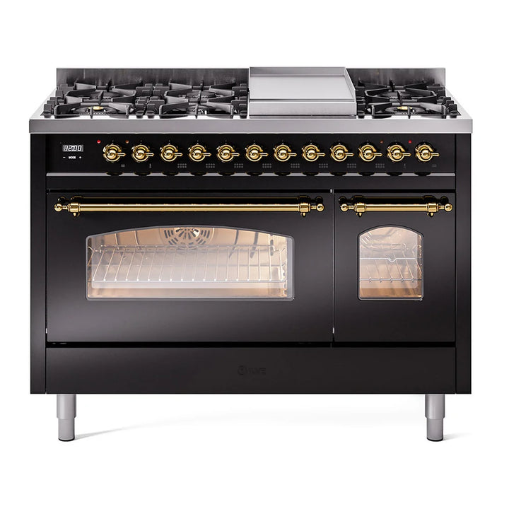 ILVE Nostalgie II 48" Dual Fuel Freestanding Range in Glossy Black with Brass Trim, UP48FNMPBKGLP