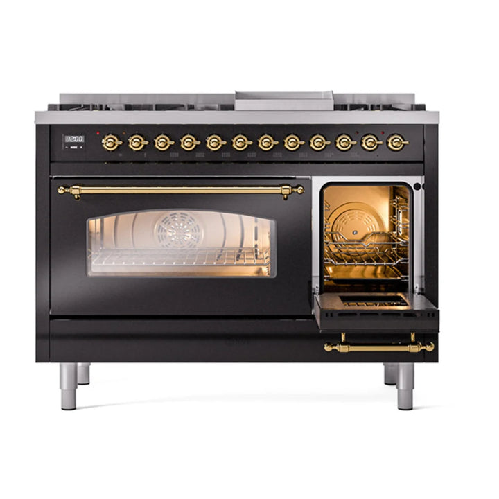 ILVE Nostalgie II 48" Dual Fuel Freestanding Range in Glossy Black with Brass Trim, UP48FNMPBKGLP