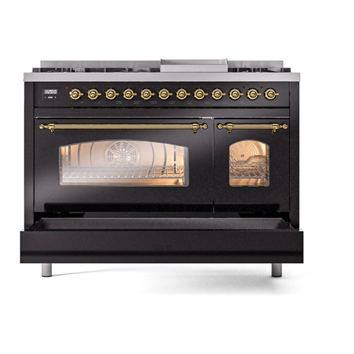 ILVE Nostalgie II 48" Dual Fuel Freestanding Range in Glossy Black with Brass Trim, UP48FNMPBKGLP