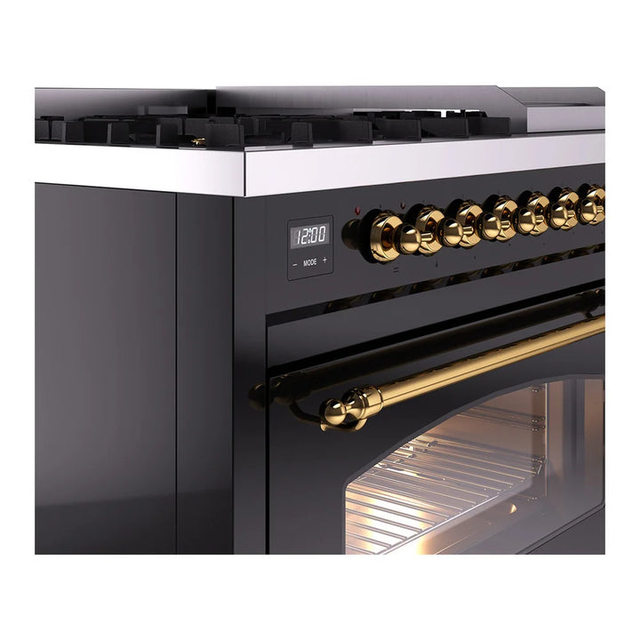 ILVE Nostalgie II 48" Dual Fuel Freestanding Range in Glossy Black with Brass Trim, UP48FNMPBKGLP