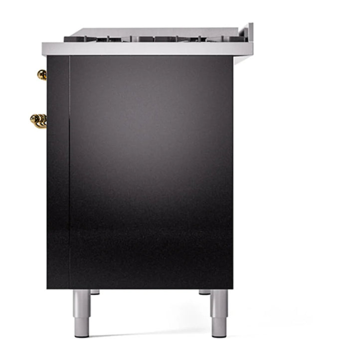 ILVE Nostalgie II 48" Dual Fuel Freestanding Range in Glossy Black with Brass Trim, UP48FNMPBKGLP