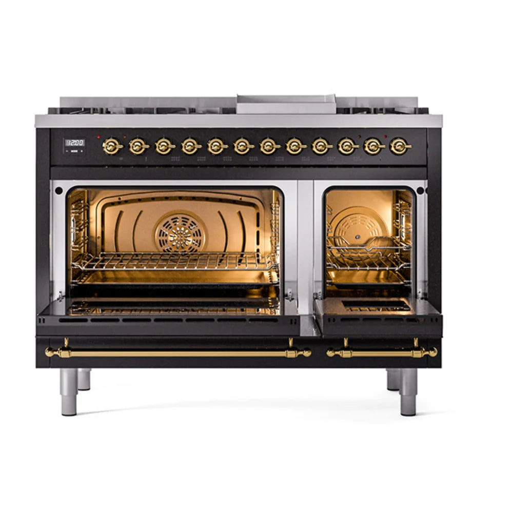 ILVE Nostalgie II 48" Dual Fuel Freestanding Range in Glossy Black with Brass Trim, UP48FNMPBKG