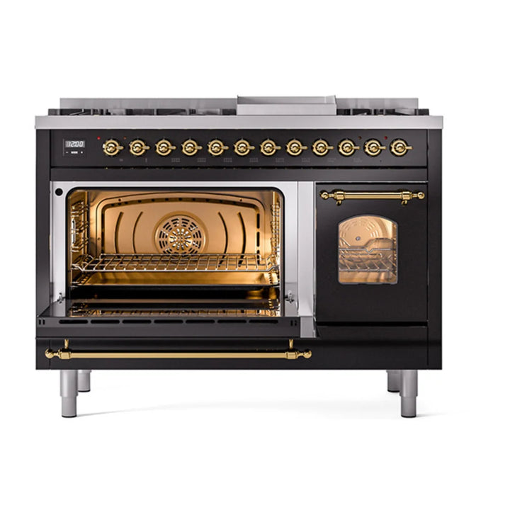ILVE Nostalgie II 48" Dual Fuel Freestanding Range in Glossy Black with Brass Trim, UP48FNMPBKG