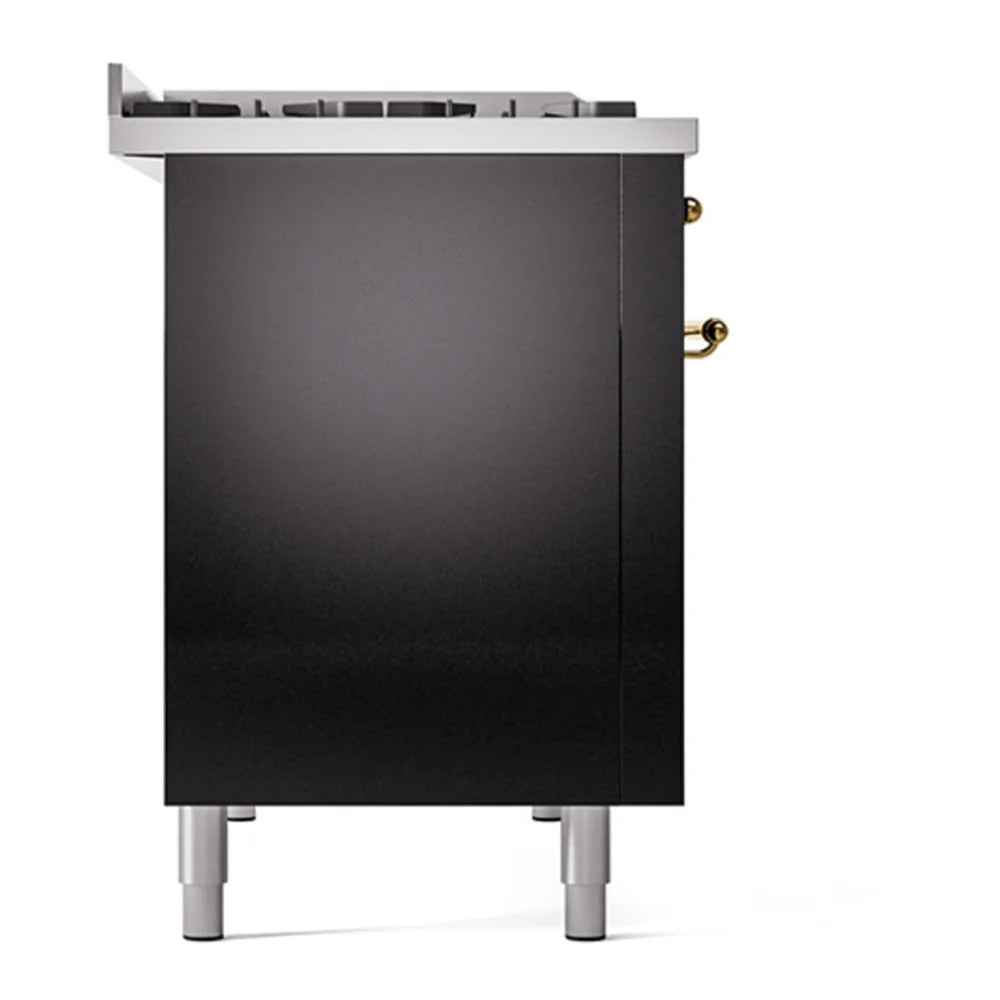 ILVE Nostalgie II 48" Dual Fuel Freestanding Range in Glossy Black with Brass Trim, UP48FNMPBKG