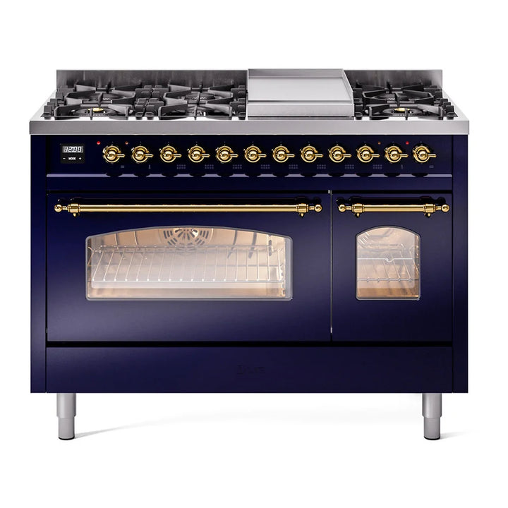 ILVE Nostalgie II 48" Dual Fuel Freestanding Range in Midnight Blue with Brass Trim, UP48FNMPMBG
