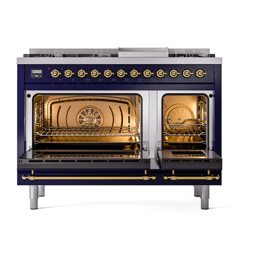 ILVE Nostalgie II 48" Dual Fuel Freestanding Range in Midnight Blue with Brass Trim, UP48FNMPMBG