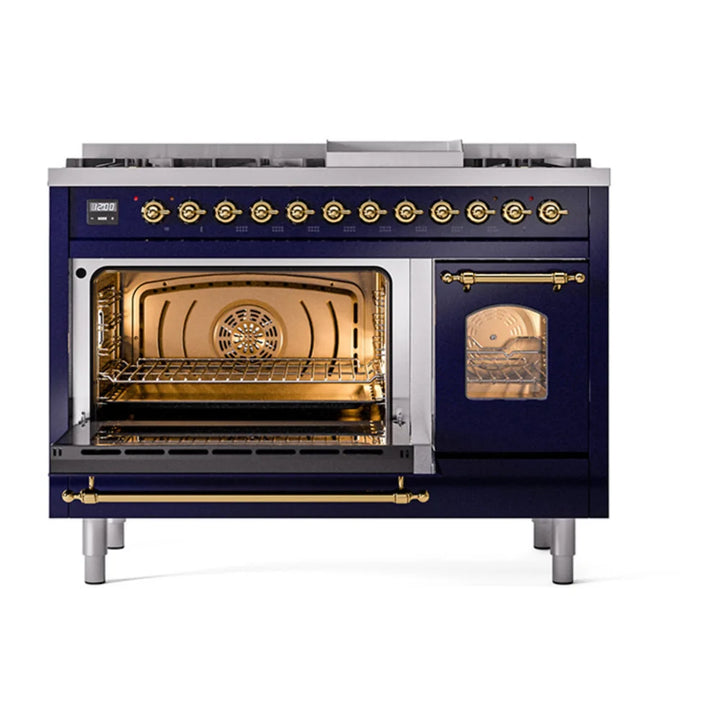 ILVE Nostalgie II 48" Dual Fuel Freestanding Range in Midnight Blue with Brass Trim, UP48FNMPMBG